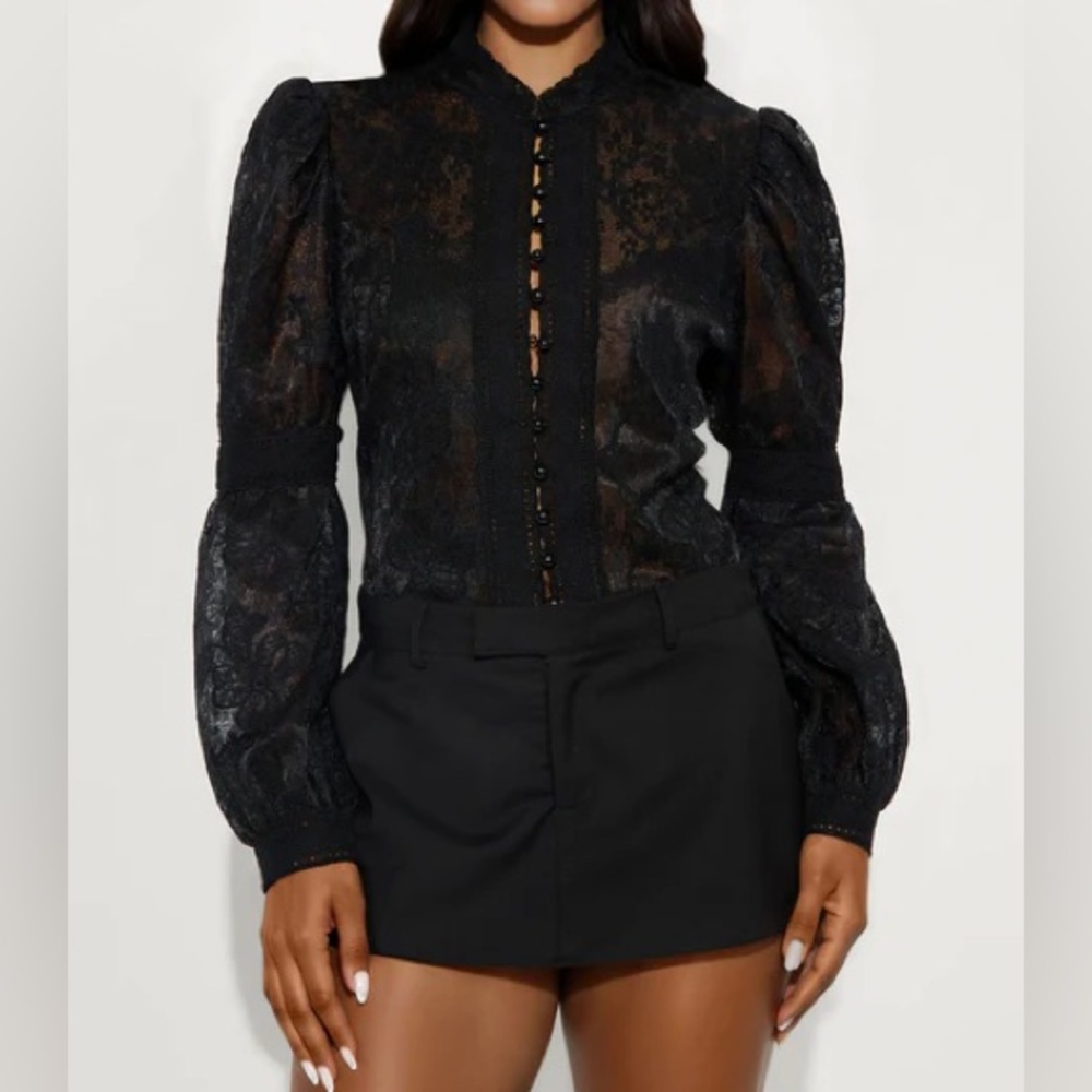 Black Lace Button-Front Top